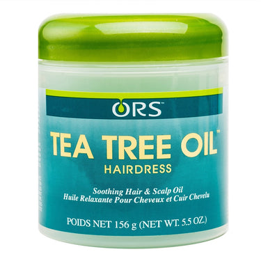 A tube of ORS Tea Tree Oil Soothing Hair and Scalp, 5.5 oz size, with green and white labeling.